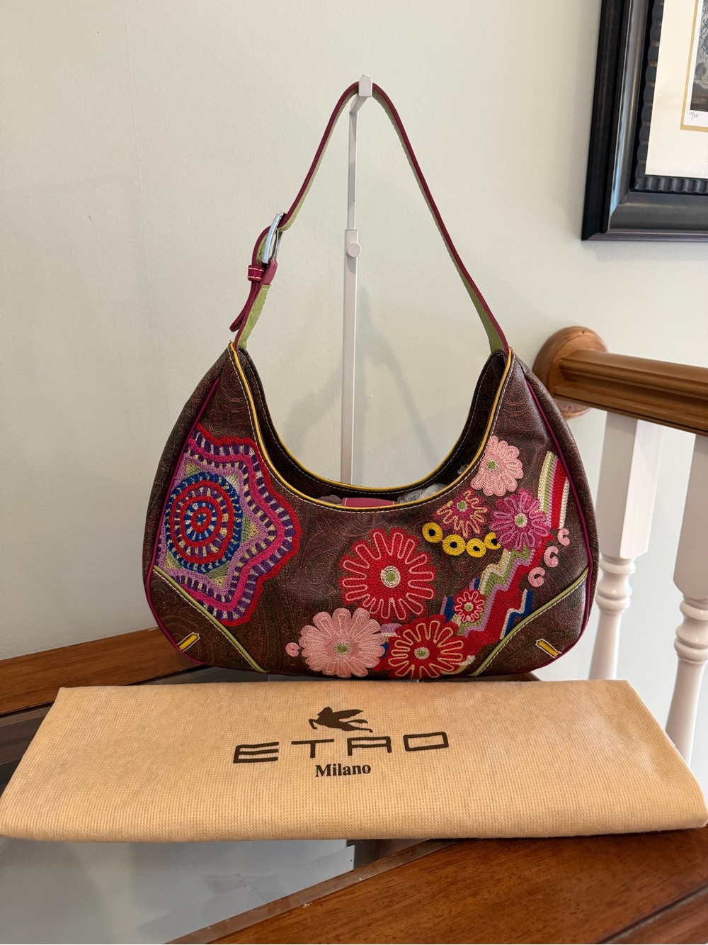 Etro Brown Multicolor Embroidered Hobo Bag
